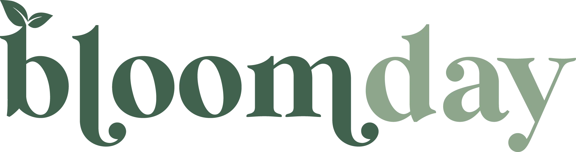 The word bloomday in lowercase green letters, with two leaves sprouting from the top of the letter b.